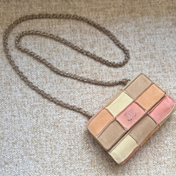 AUTH RARE CHANEL MINI PATCHWORK SUEDE FLAP BAG CC PINK CRYSTAL. VINTAGE 2004-08 - Picture 7 of 17